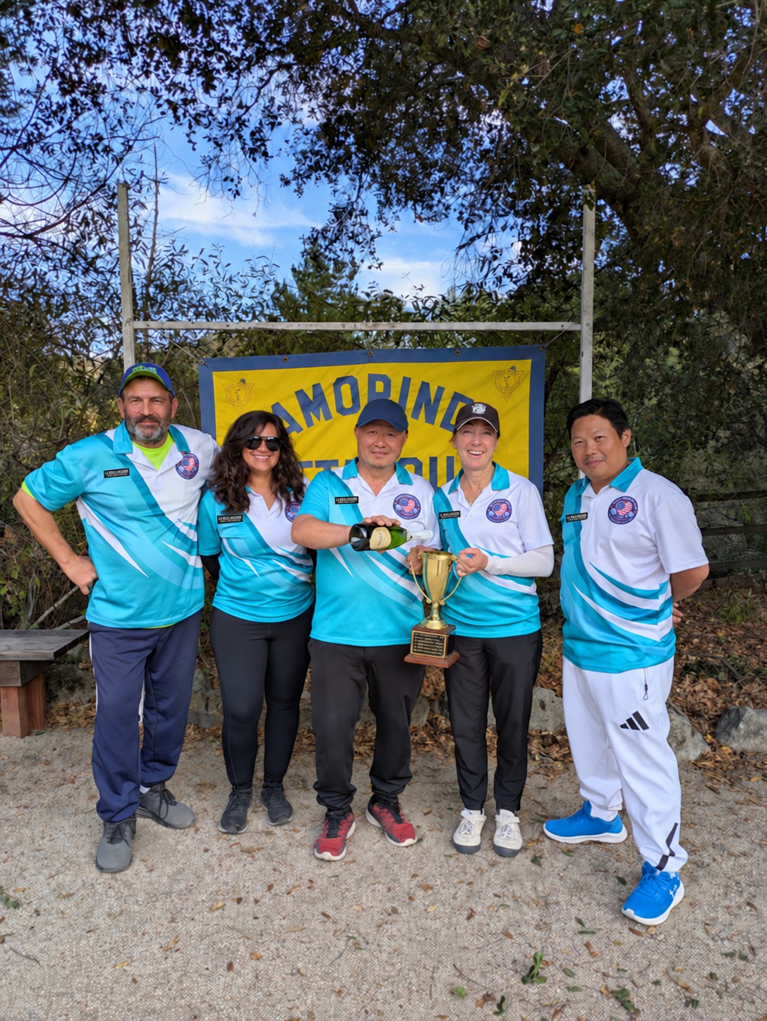 Five FPC members celebrating together at Lamorinda