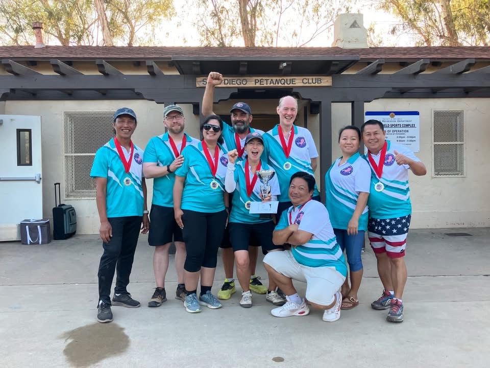 The complete Fresno Pétanque Club team celebrating its 2026 West Coast Cup victory in San Diego